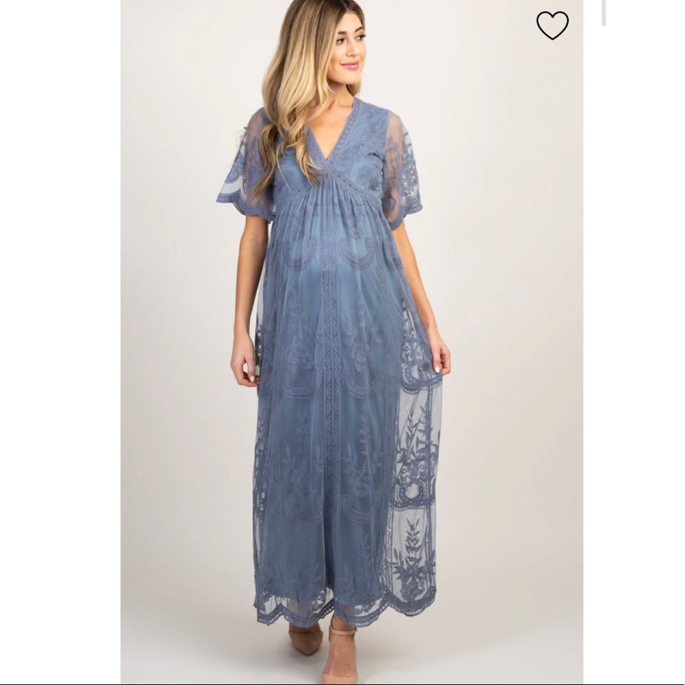 COPY - PinkBlush Blue Lace Mesh Overlay Maternity Maxi Dress